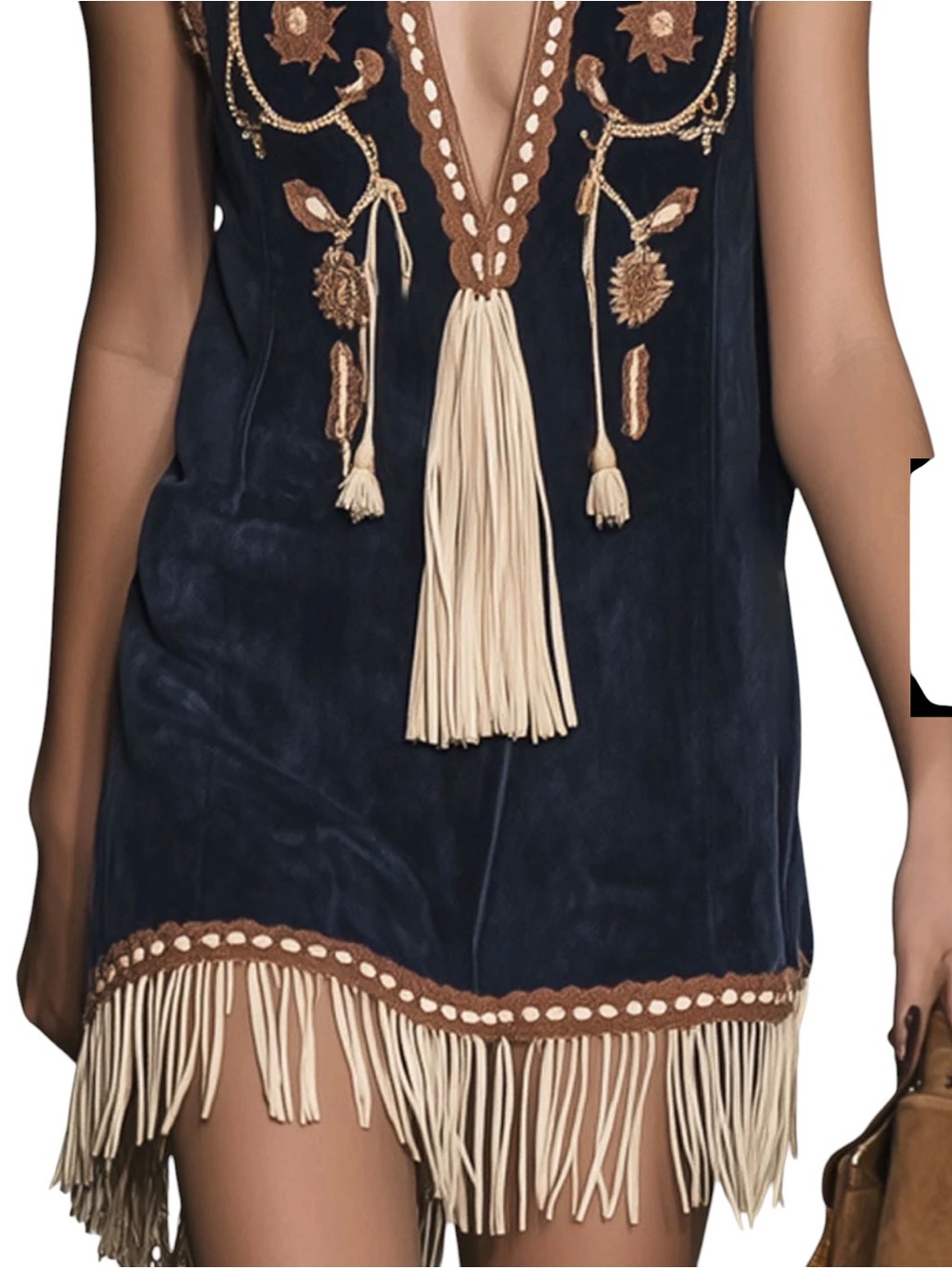 OYROSY Navy Blue Cream Faux Suede Embroidered Flower Tassel Fringe Mini Dress - Picture 3 of 4